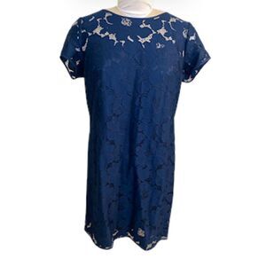 LOFT Lace Overlay Shift Dress Sz. 14 Tie Keyhole Back Navy Easter Weddin…